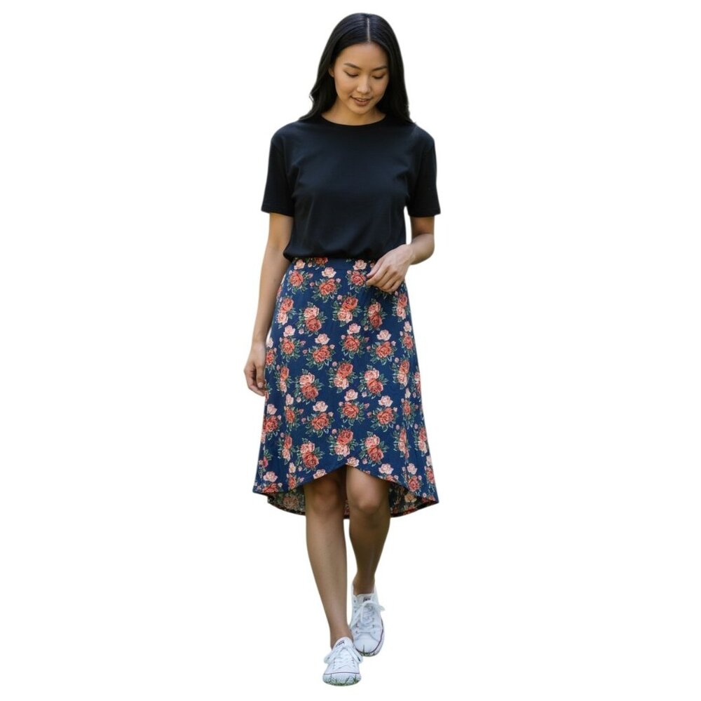 Angie Floral Rose Navy Blue Coral Tulip Hem Knee Length Skirt Pull‎ On L NWT